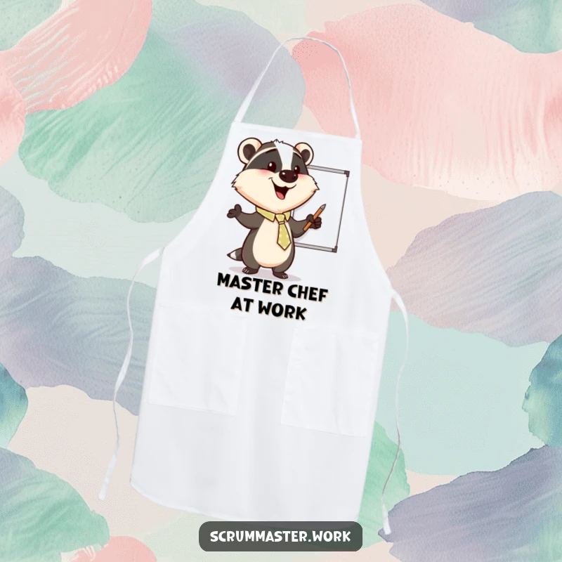 Funny Badger Tie Whiteboard Apron: An apron with a happy badger enthusiastically pointing at a whiteboard, for kitchen fun.