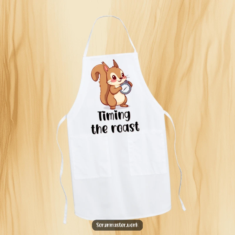 Funny squirrel apron, wearing a chef hat, holding a stopwatch, ready for a timed cooking challenge.