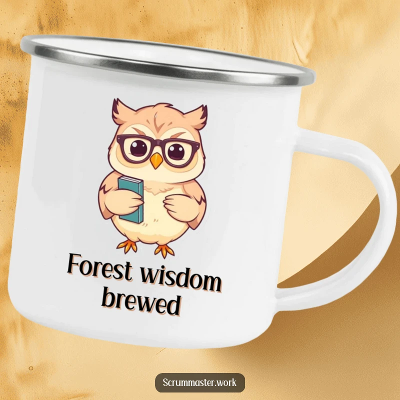 Funny Owl Glasses Nodding Camping Mug: A mug with a wise owl holding notes, for outdoor contemplation.