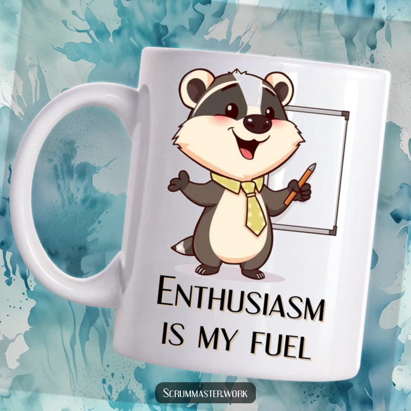 Funny Badger Tie Whiteboard Mug: A happy badger in a tiny tie enthusiastically points at a whiteboard, showcasing motivation.