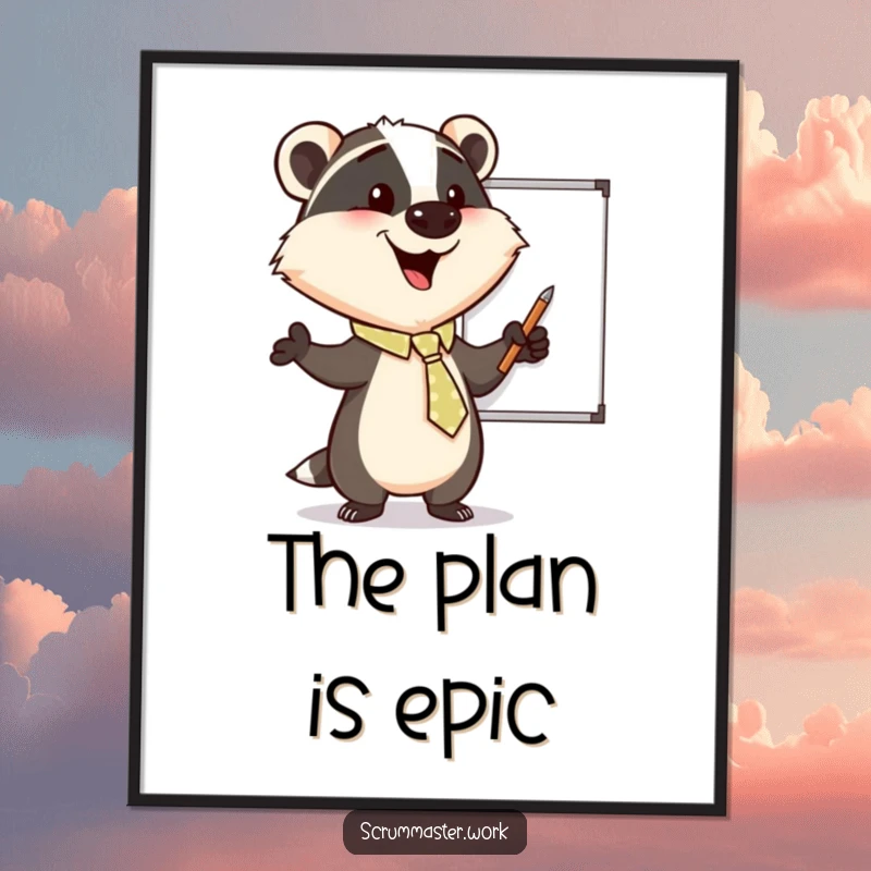 Funny Badger Tie Whiteboard Digital Art Print: Printable art of a happy badger enthusiastically pointing at a whiteboard, for motivation.