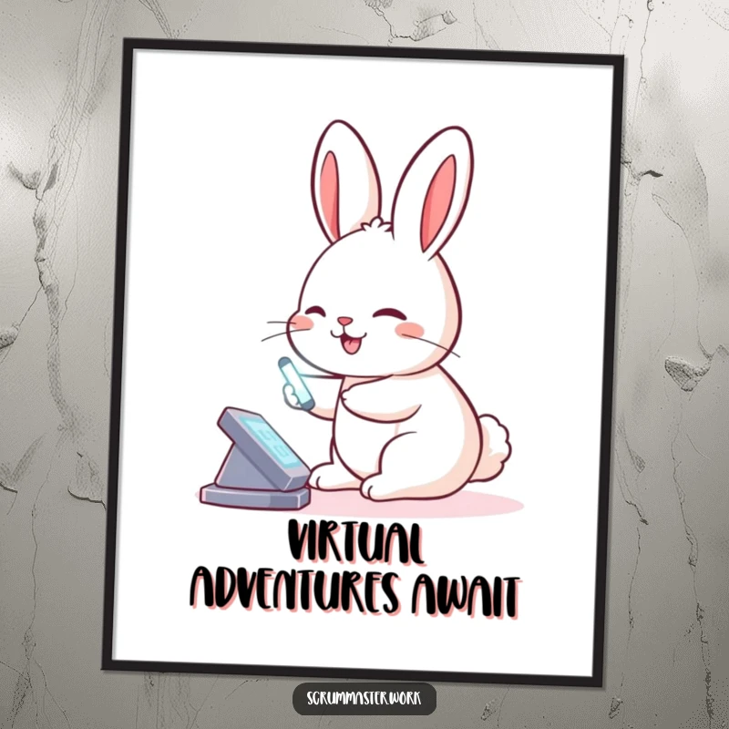 Funny Rabbit Virtual Board Digital Art Print: Printable art of a smiling rabbit tapping a virtual board with a glowing stylus, for tech decor.