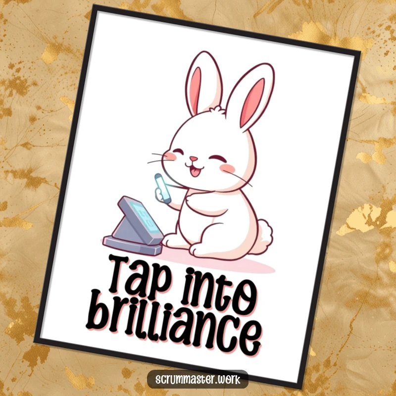 Funny Rabbit Virtual Board Poster: Modern art of a smiling rabbit tapping a virtual board with a glowing stylus, for tech spaces.