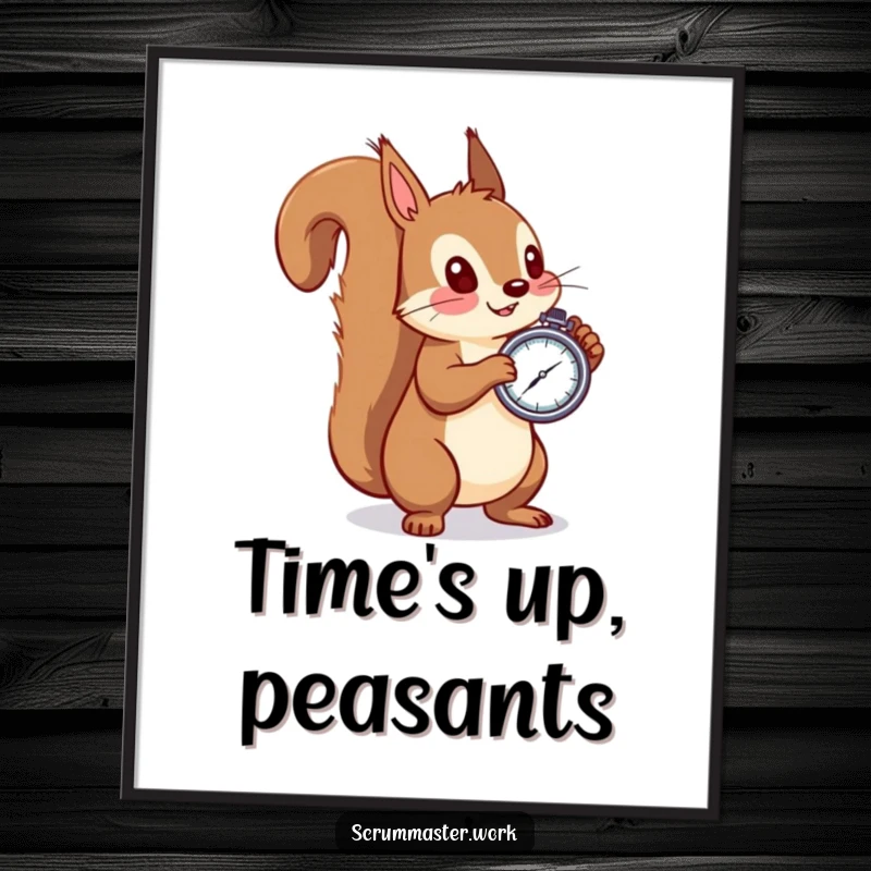 Funny squirrel poster, stopwatch in hand, intently focused on synchronized action, artistic and humorous wall art.