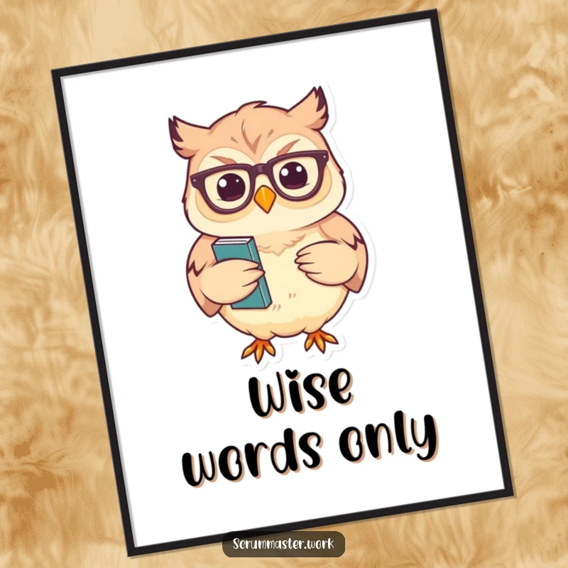 Funny Owl Glasses Nodding Poster: Art of a wise owl with glasses nodding sagely, holding notes, perfect for intellectual spaces.