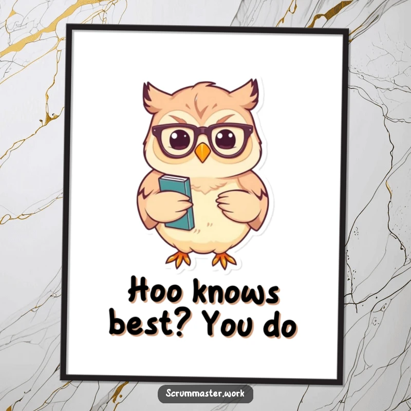 Funny free printable wall art of a cheerful owl wearing glasses, nodding sagely while holding a stack of notes, symbolizing intelligence.