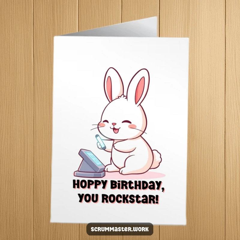 Funny free printable birthday card of a smiling rabbit tapping a virtual board with a glowing stylus, indicating productivity.