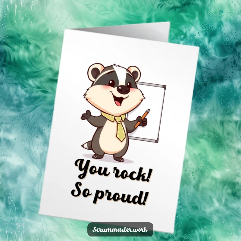 Funny free printable congratulations card of a happy badger in a tie, enthusiastically pointing towards a whiteboard, signifying achievement.