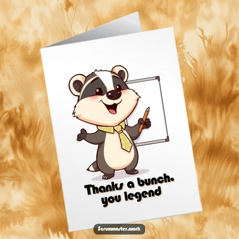 Funny free printable thank you card of a happy badger wearing a tie, enthusiastically pointing at a whiteboard, conveying clear gratitude.