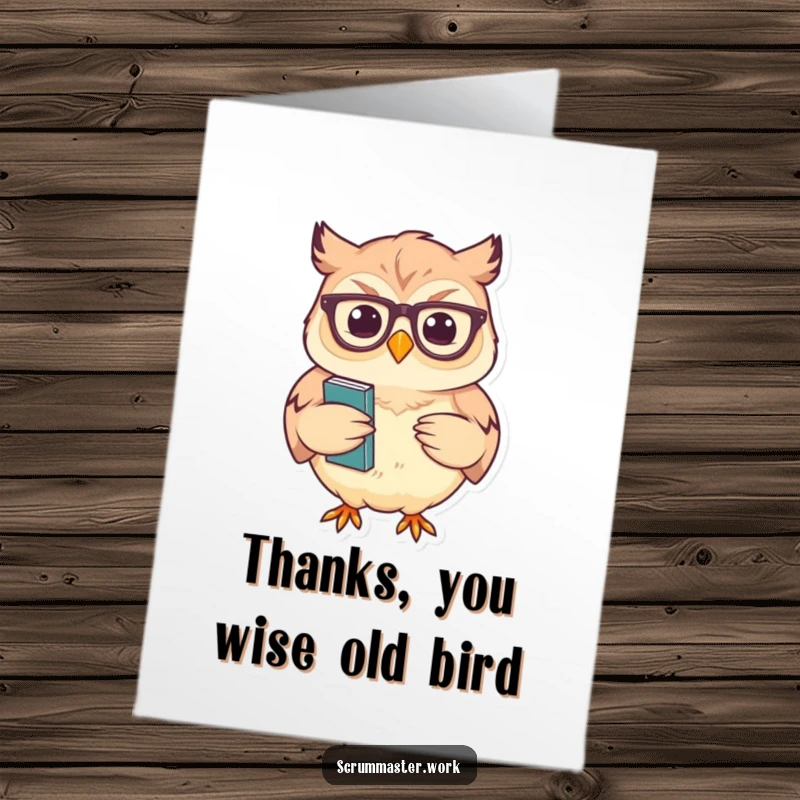 Funny free printable thank you card of a cheerful owl in glasses, nodding sagely while holding a stack of notes, conveying thoughtful thanks.