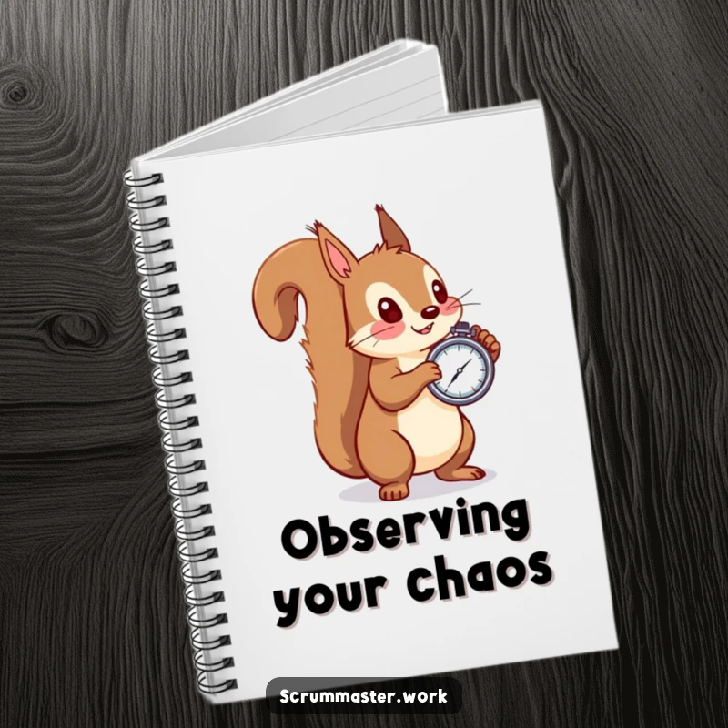 Funny squirrel notebook, holding stopwatch, observing, perfect for journaling, note-taking, and funny gift ideas.