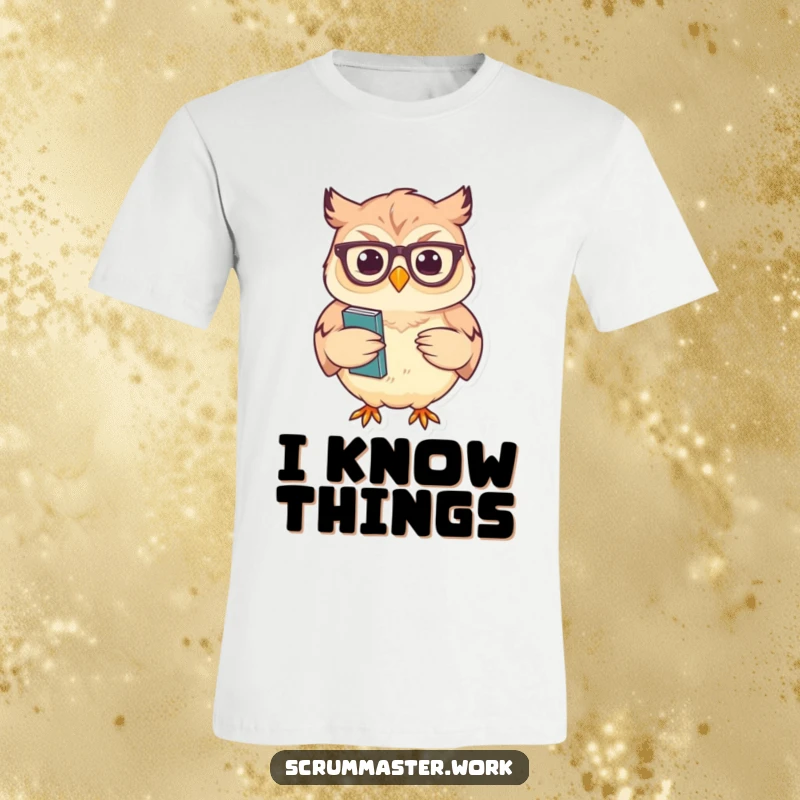 Funny Owl Glasses Sagely T-Shirt: A cheerful owl with glasses nods wisely while holding a stack of notes, conveying intelligence.